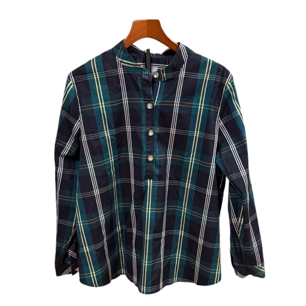 Chicos Plaid Crystal Button Tunic Top Navy Green Long Sleeve Sz 3 XL 16/18 prep